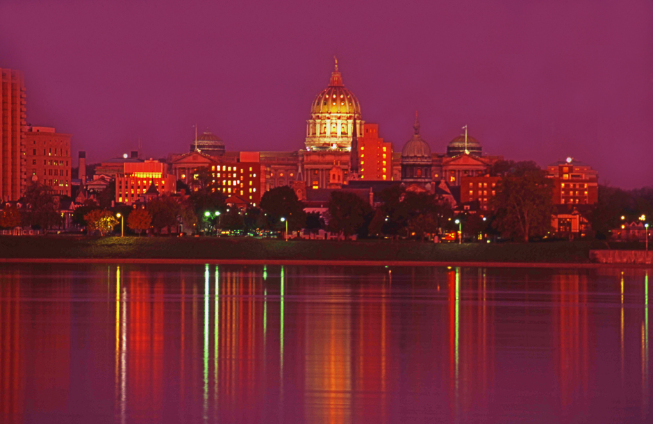 Harrisburg Capitol skyline at dusk