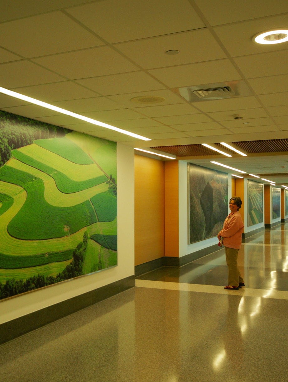 Aerial photos are wall decor at Geisinger hospital in Pennsylvania